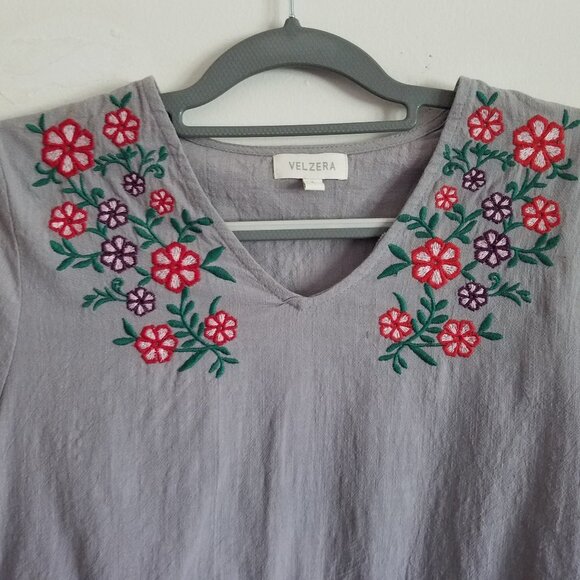 Velzera Floral Embroidered Peplum Peasant Cotton Blouse Large - Picture 2 of 11